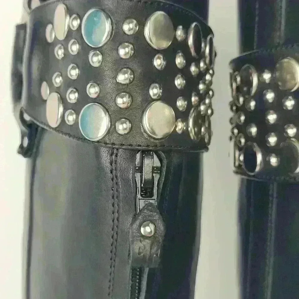 Frye Black Katie Heel Leather Tall Heels Pointed Toe Studded Band Sz 6.5M - Picture 10 of 16